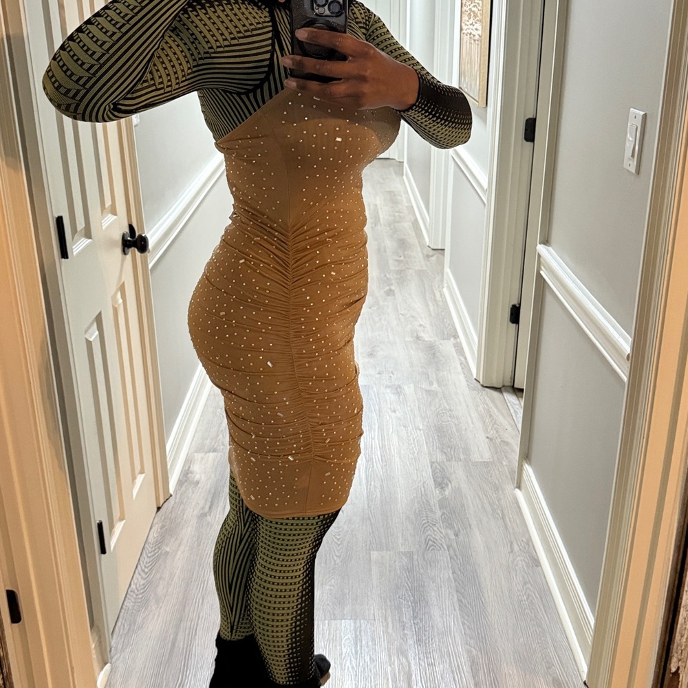 Strapless Ruched Rhinestone Bodycon Dress in Camel - Picture 3 of 3